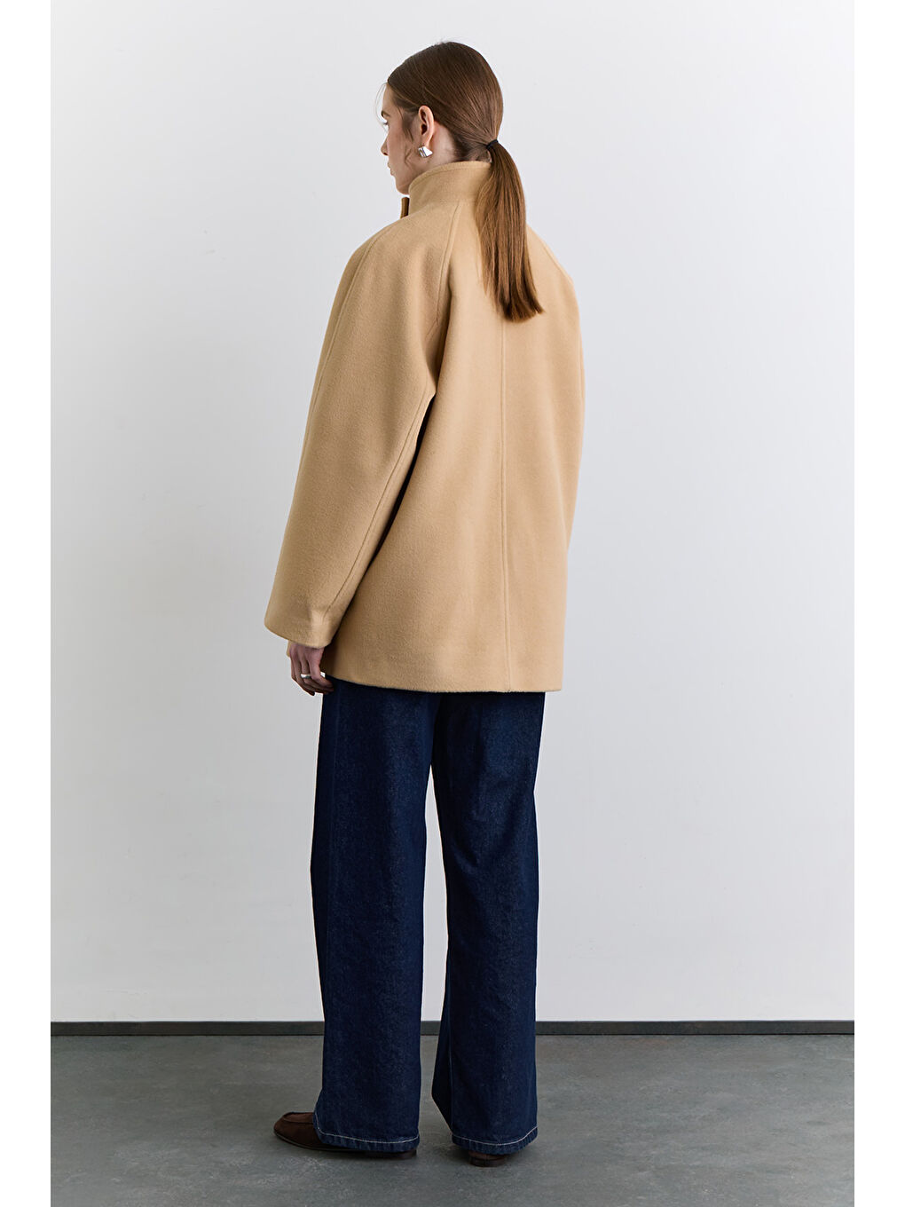 Kahverengi Yüksek Yaka Kruvaze Kaban Camel-5