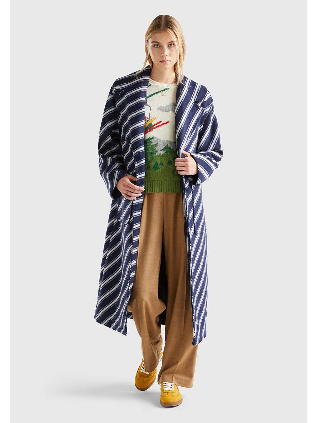 Kadın Lacivert ÇaprazÇizgili Palto-4