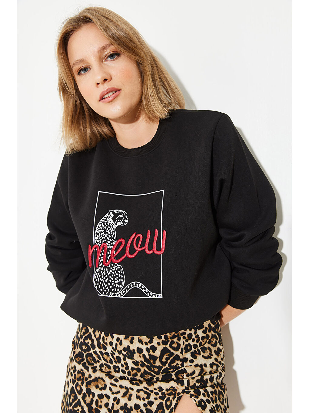 SHADE Siyah Kadın Leopar Baskılı Sweatshirt