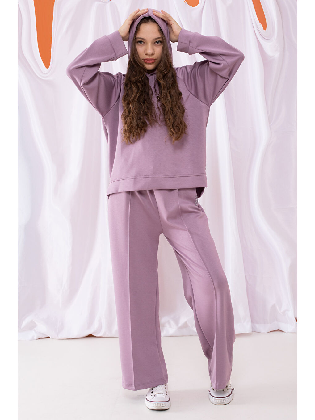 Lila Cool Yazılı Kapüşonlu Geniş Paça Kız Çocuk Eşofman Takımı 19536-1