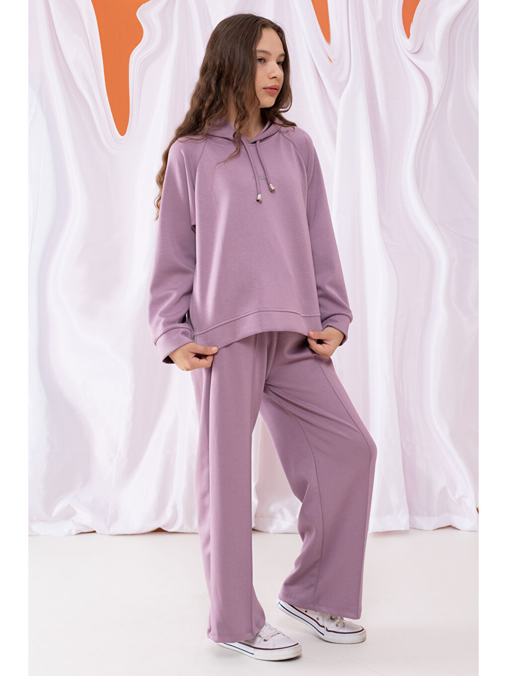 Lila Cool Yazılı Kapüşonlu Geniş Paça Kız Çocuk Eşofman Takımı 19536-2