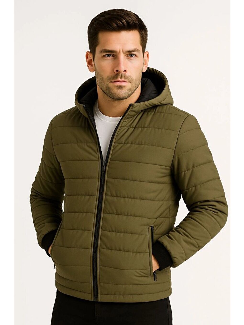 Erkek Şişme Kapüşonlu Fermuarlı Mont Su Itici Kapitone Astarlı Kumaş Cepli Kışlık Rahat Kalıp - Haki-1