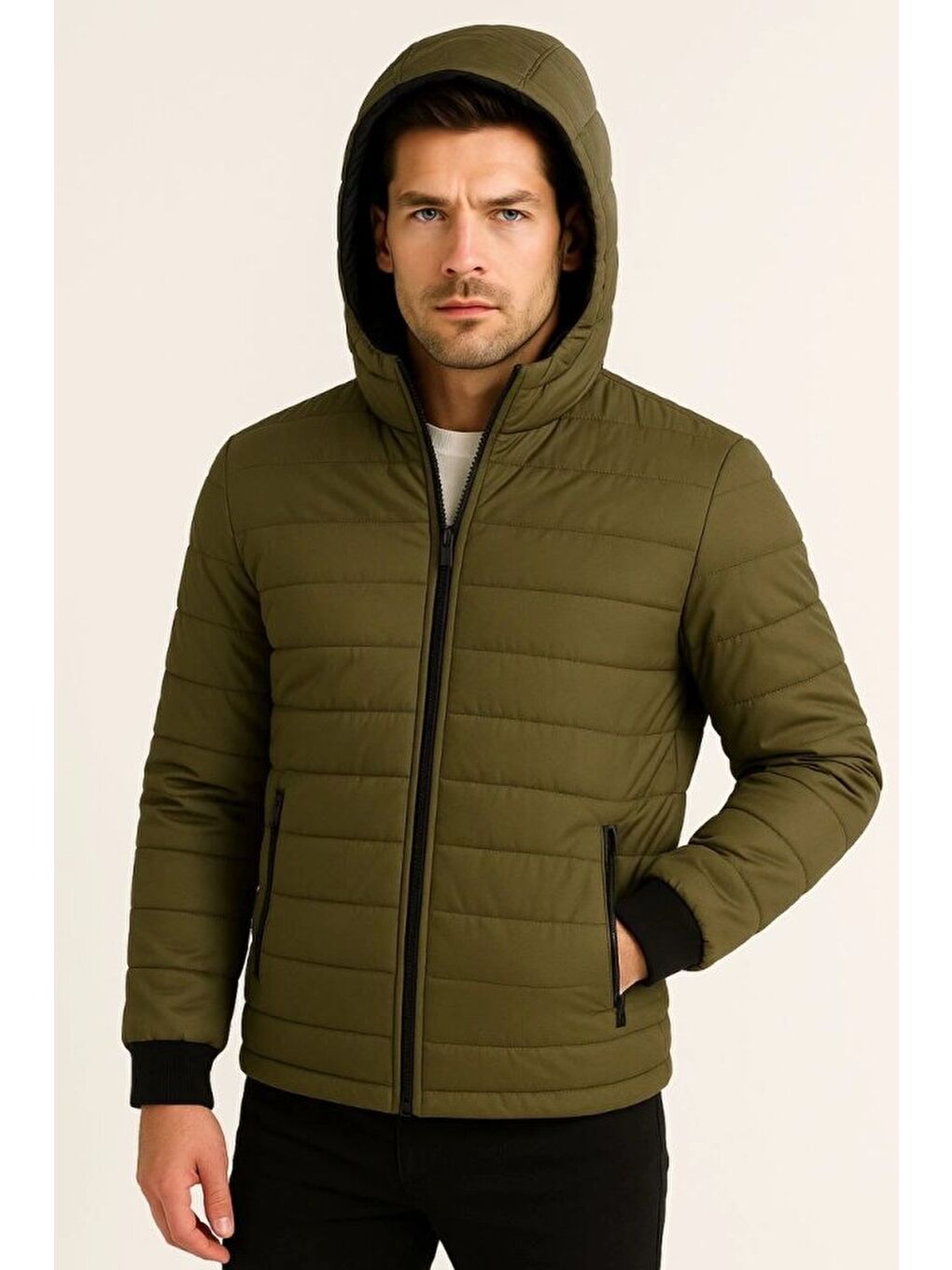 Erkek Şişme Kapüşonlu Fermuarlı Mont Su Itici Kapitone Astarlı Kumaş Cepli Kışlık Rahat Kalıp - Haki-2