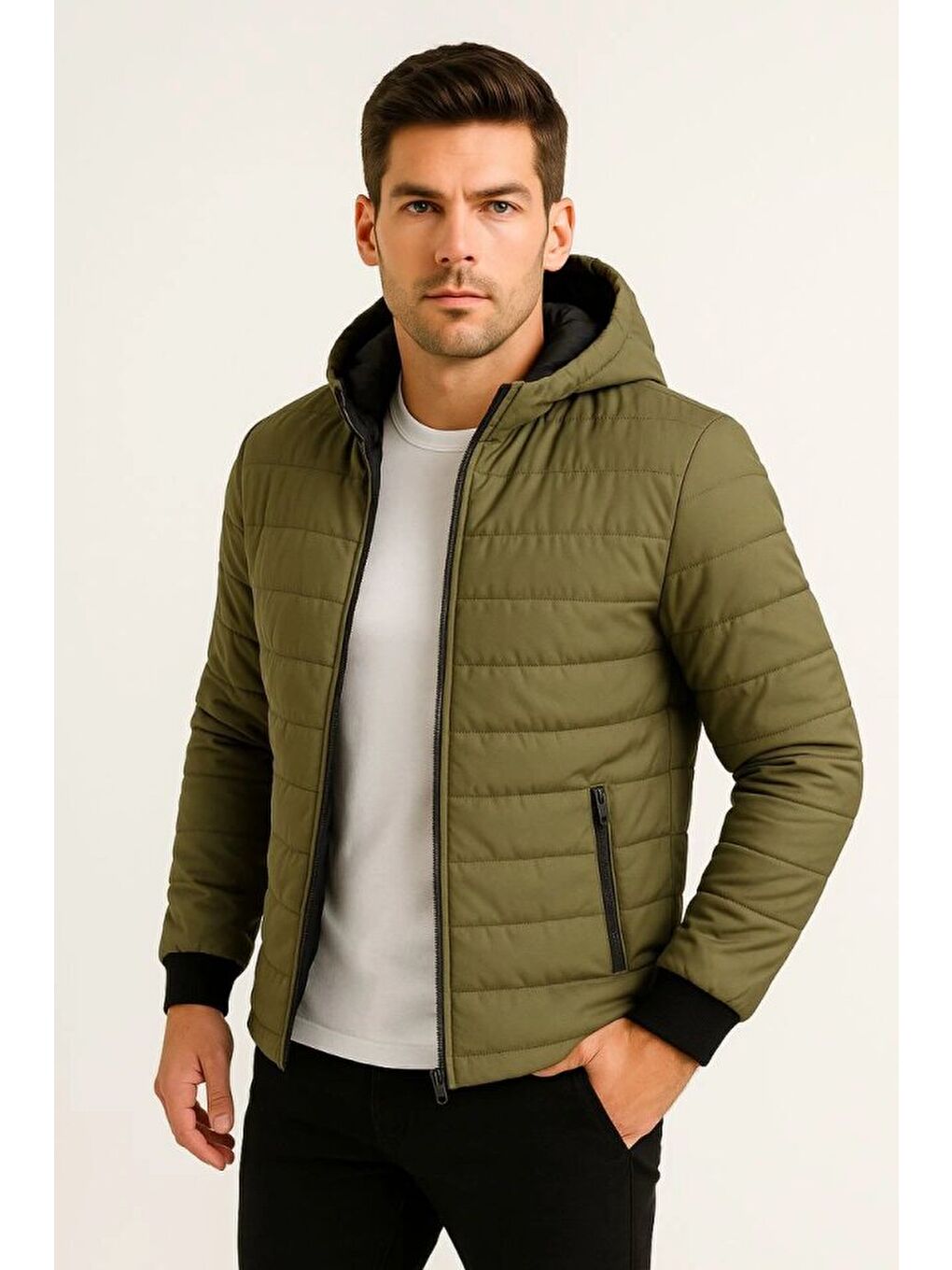 Erkek Şişme Kapüşonlu Fermuarlı Mont Su Itici Kapitone Astarlı Kumaş Cepli Kışlık Rahat Kalıp - Haki-3