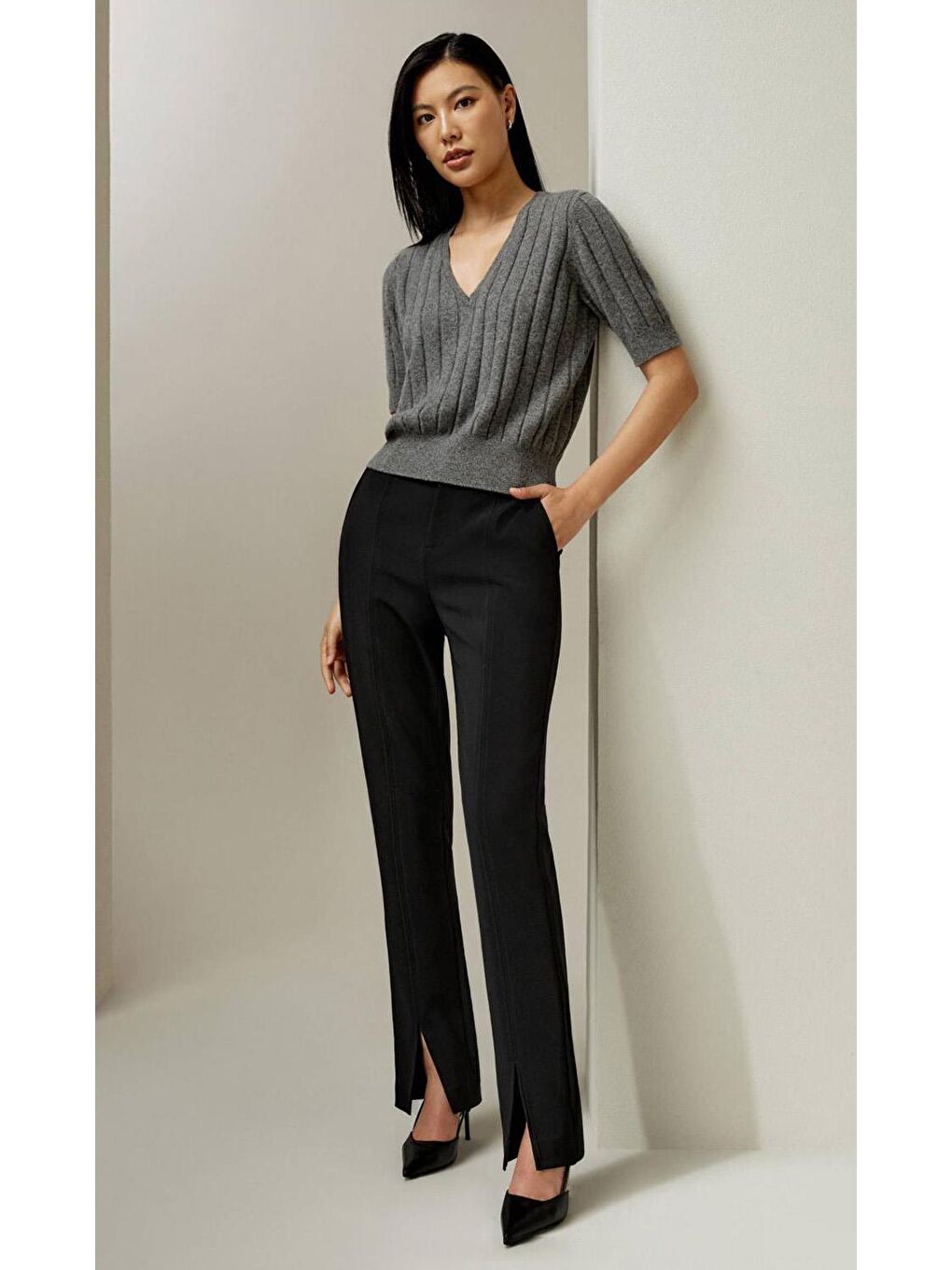 Antrasit V Yaka Örgülü Kadın Triko Tişört Mg2369-6