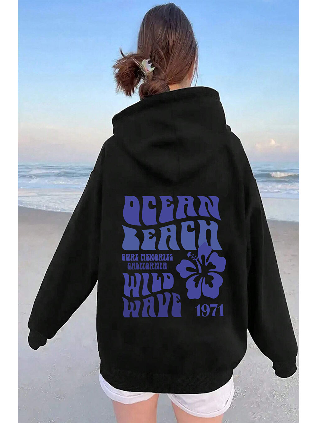 uyguntarz Siyah Ocean Beach Baskılı Oversize Sweatshirt - 1