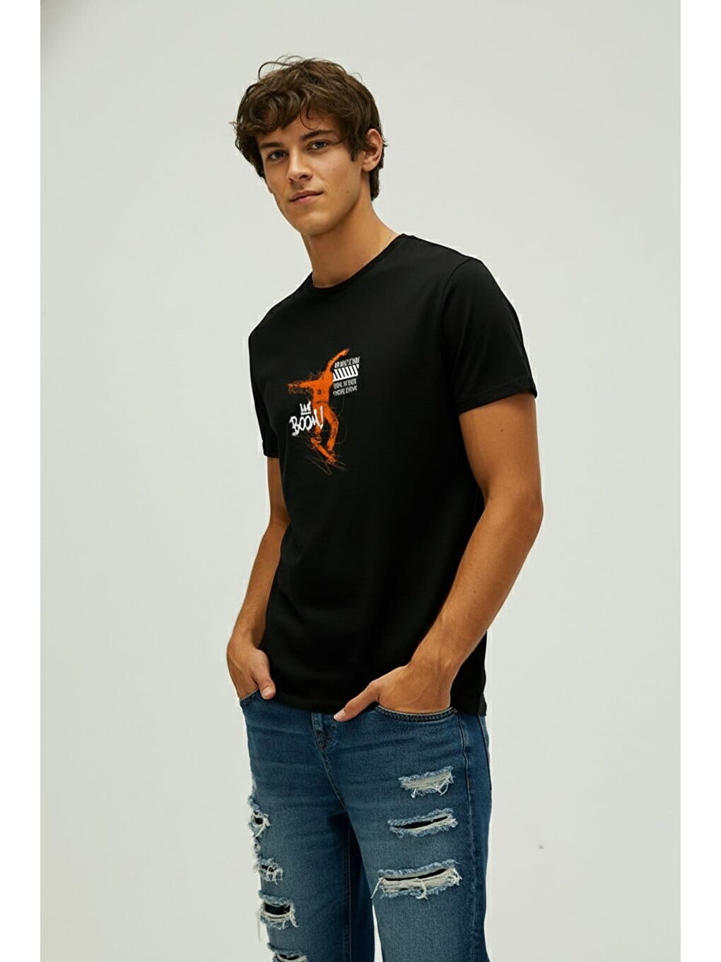Boom Siyah Erkek Baskılı Tişört-1