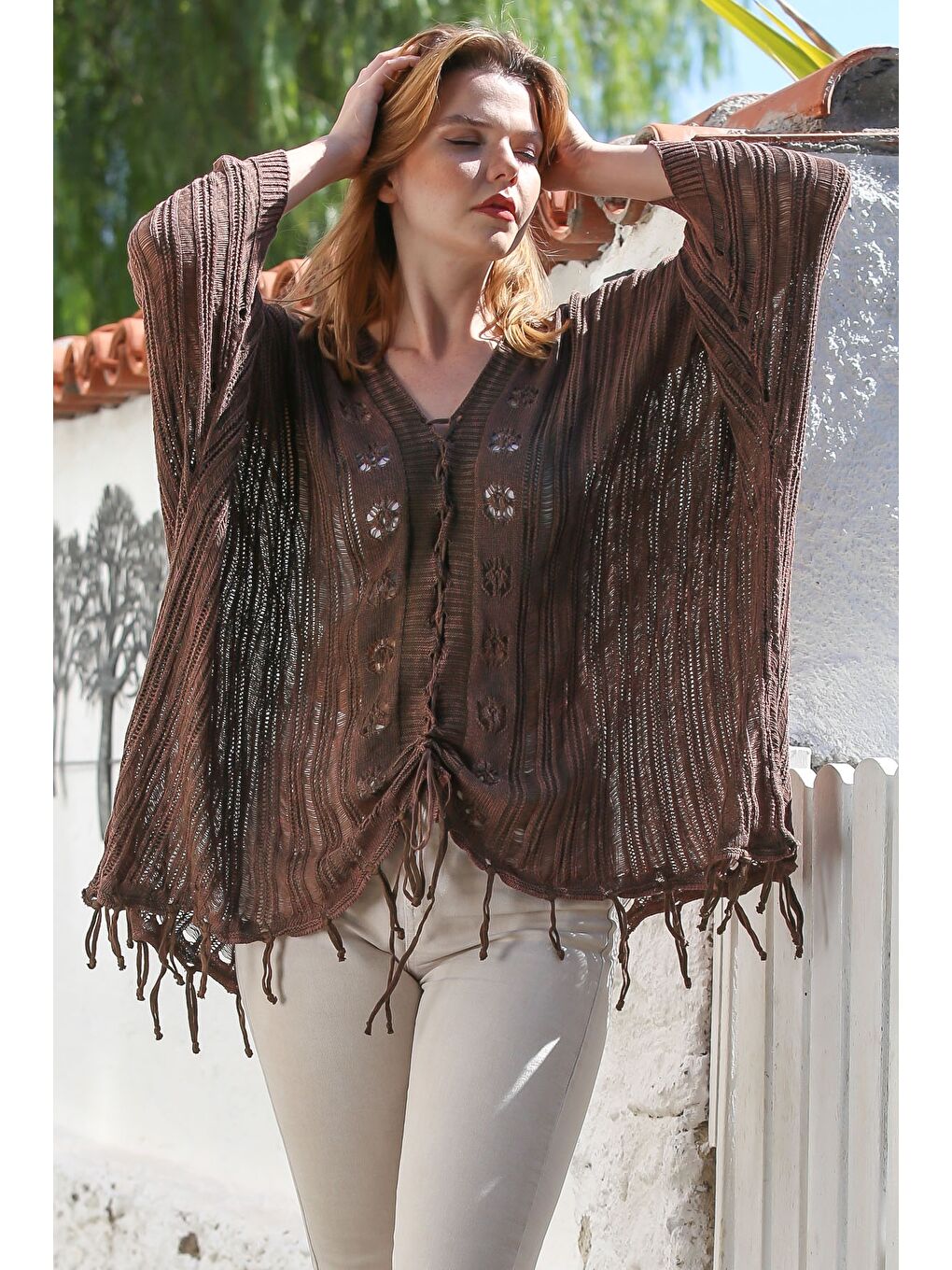 Kahverengi V Yaka Yarasa Kol Bağlamalı İnce Casual Ajur Örgü Oversize Triko Bluz 80 100