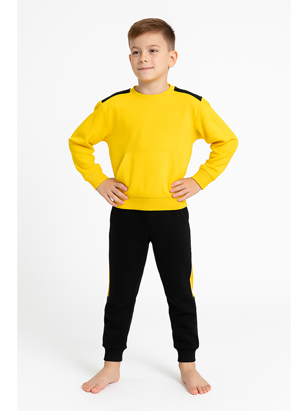Gizli Kanguru Cep Detaylı Garnili Erkek Çocuk Uzun Alt Üst Takım | Sarı Siyah