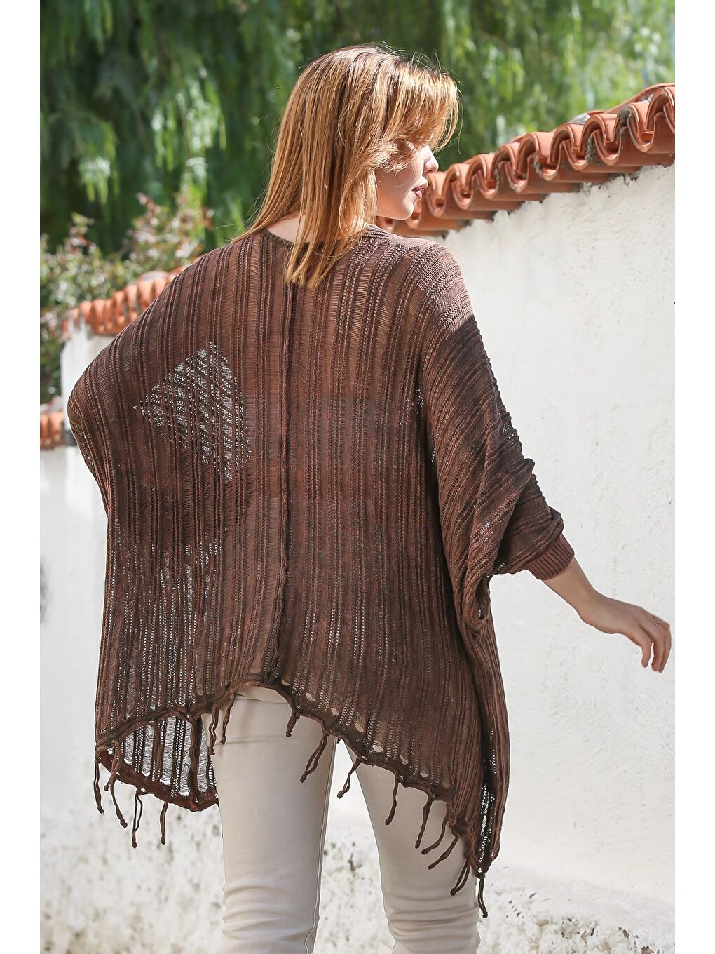 Kahverengi V Yaka Yarasa Kol Bağlamalı İnce Casual Ajur Örgü Oversize Triko Bluz 80 100-1