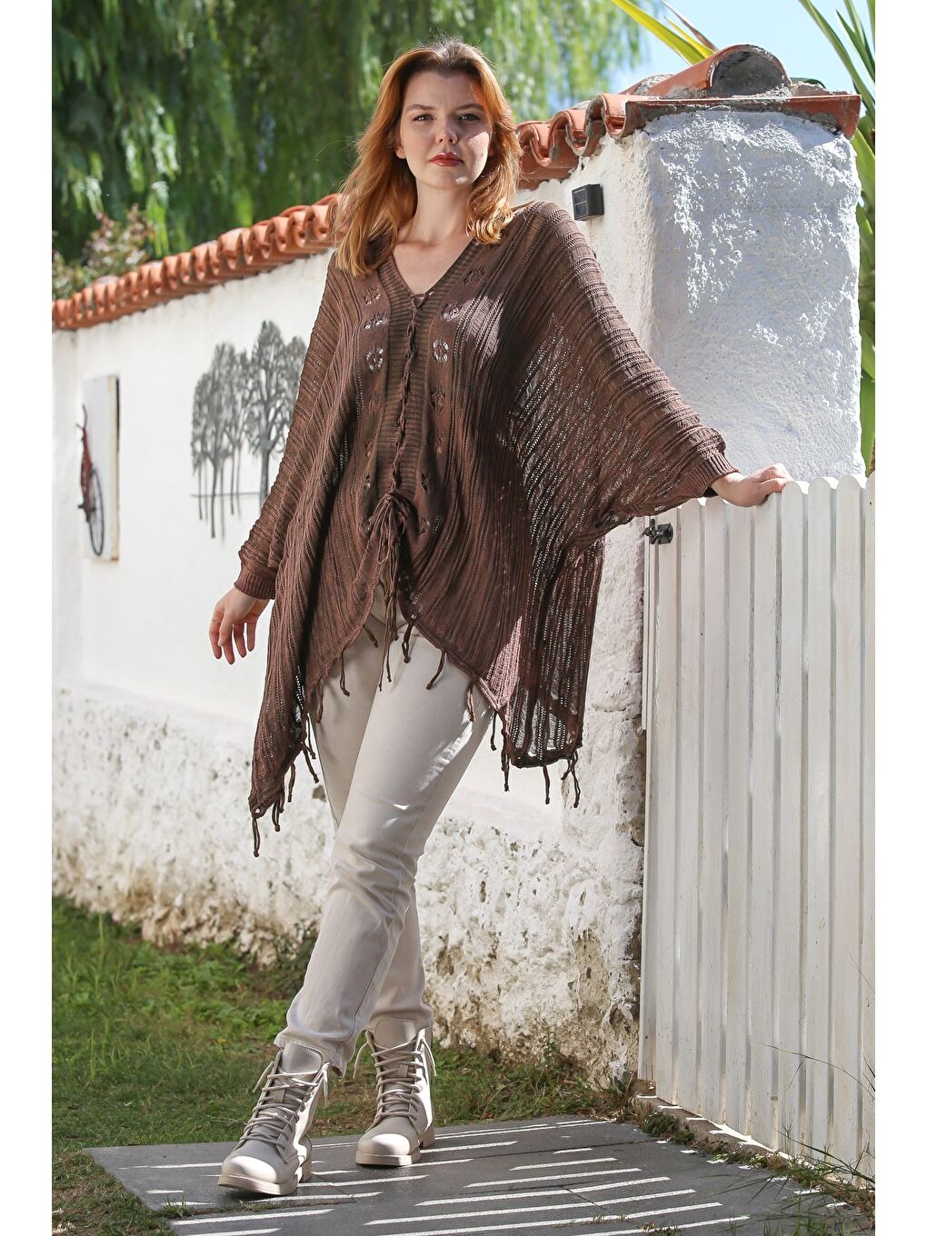 Kahverengi V Yaka Yarasa Kol Bağlamalı İnce Casual Ajur Örgü Oversize Triko Bluz 80 100-2