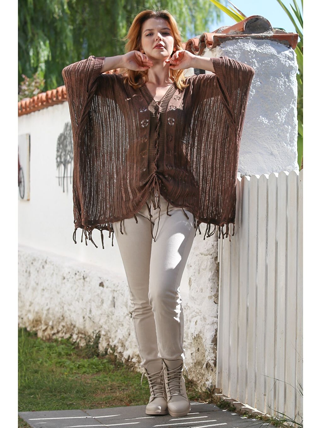 Kahverengi V Yaka Yarasa Kol Bağlamalı İnce Casual Ajur Örgü Oversize Triko Bluz 80 100-3