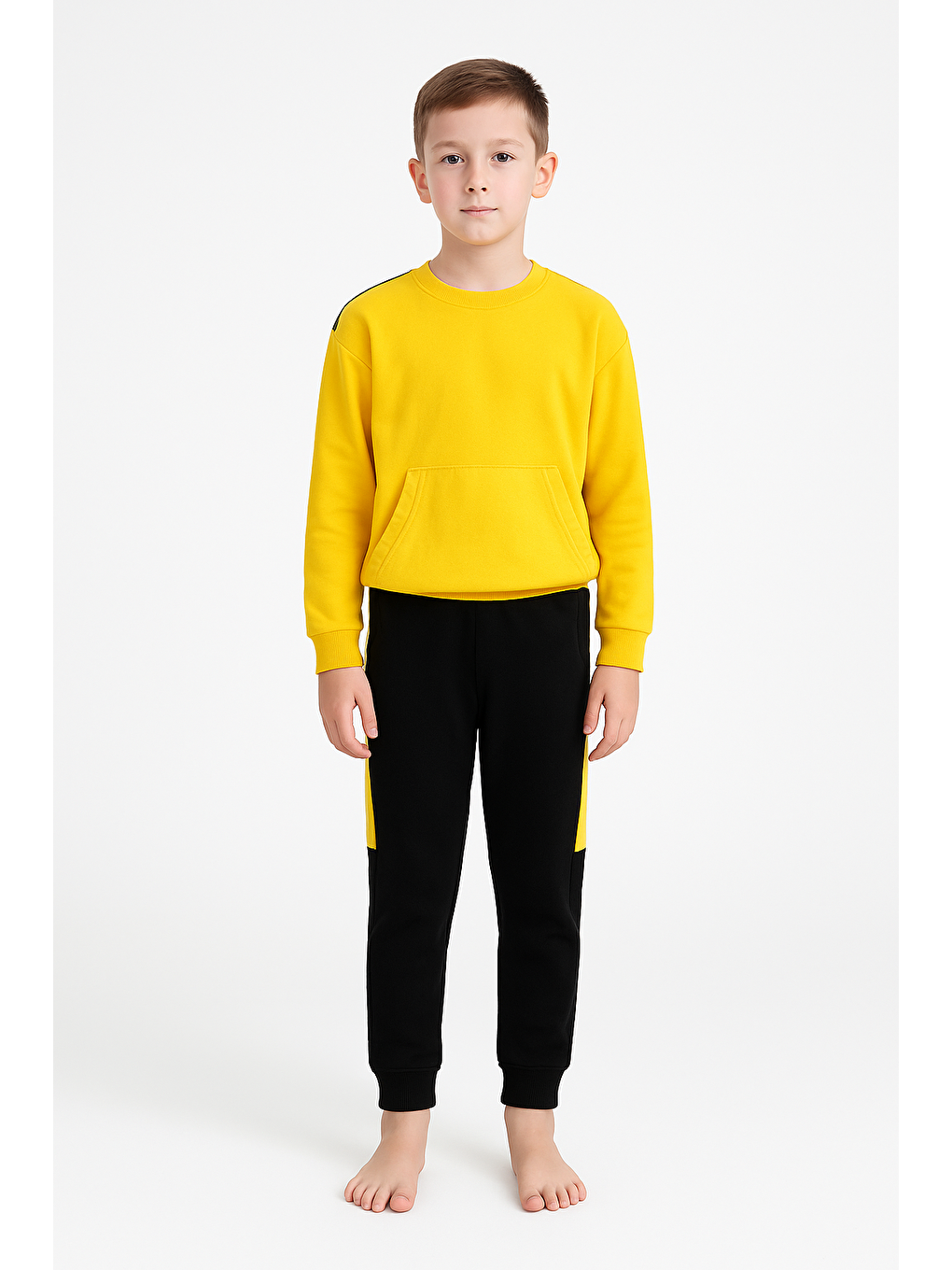 Gizli Kanguru Cep Detaylı Garnili Erkek Çocuk Uzun Alt Üst Takım | Sarı Siyah-2