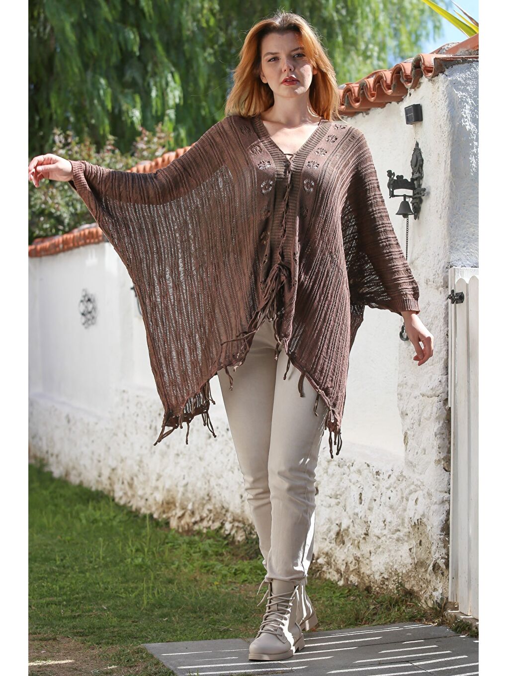 Kahverengi V Yaka Yarasa Kol Bağlamalı İnce Casual Ajur Örgü Oversize Triko Bluz 80 100-5