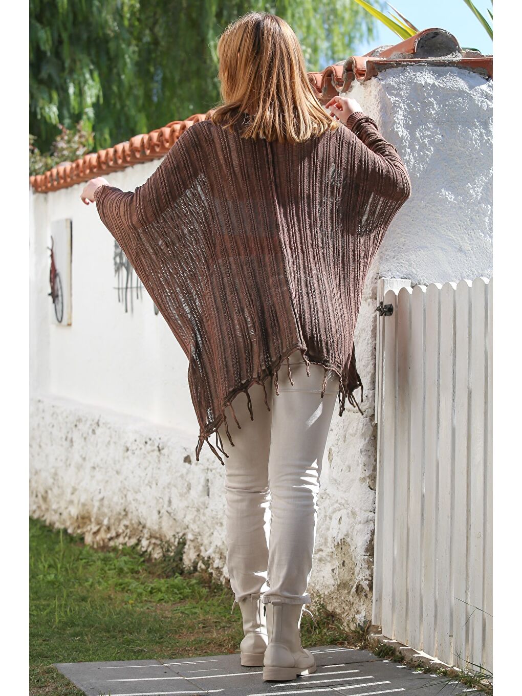 Kahverengi V Yaka Yarasa Kol Bağlamalı İnce Casual Ajur Örgü Oversize Triko Bluz 80 100-6