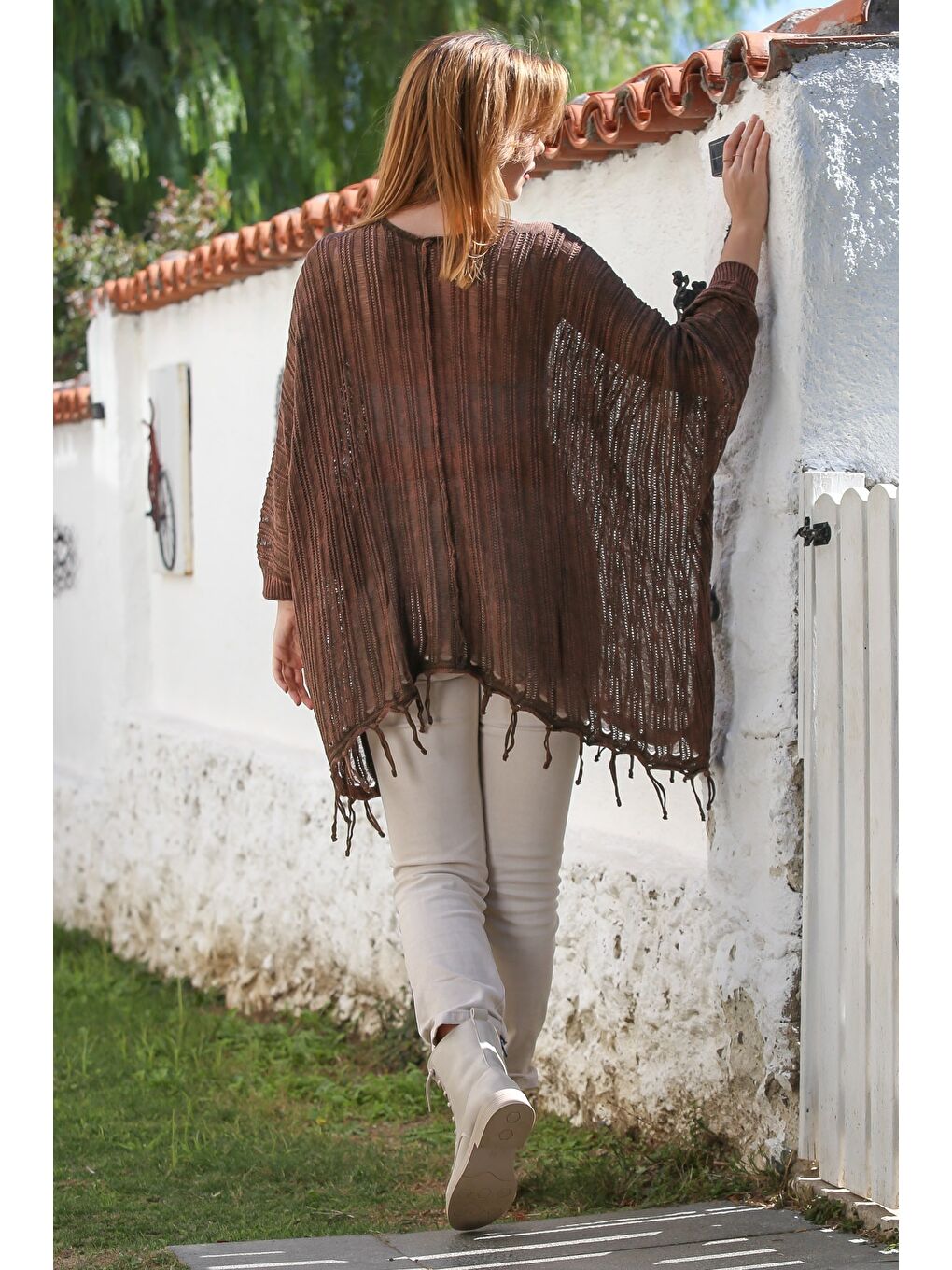 Kahverengi V Yaka Yarasa Kol Bağlamalı İnce Casual Ajur Örgü Oversize Triko Bluz 80 100-7
