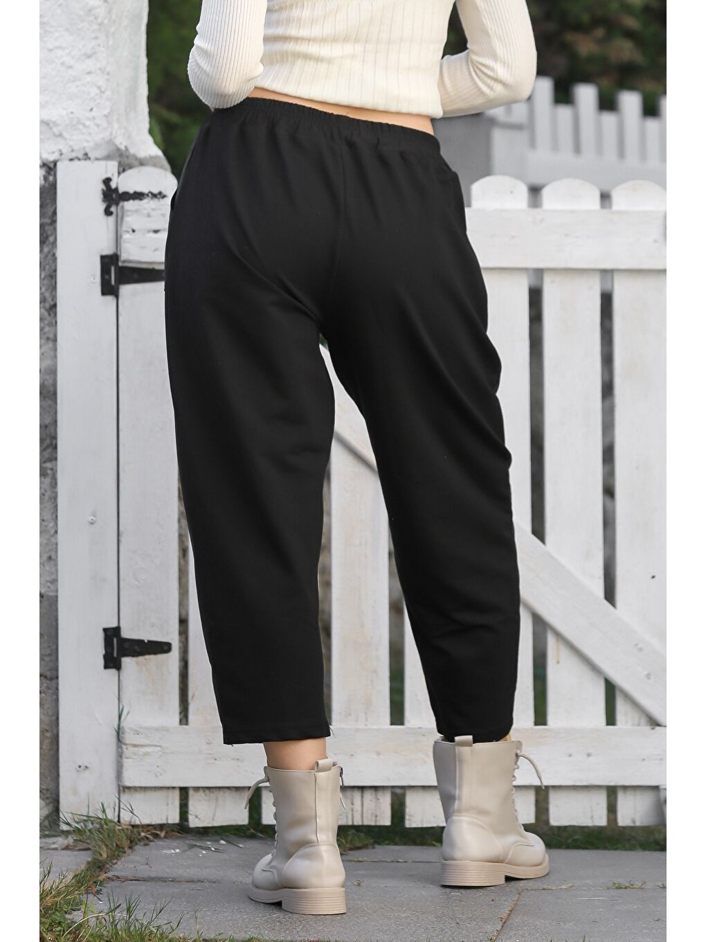 Siyah Cepli Lastikli Bel Düz Paça Casual Suni Deri Örme Pantolon 95 65-1