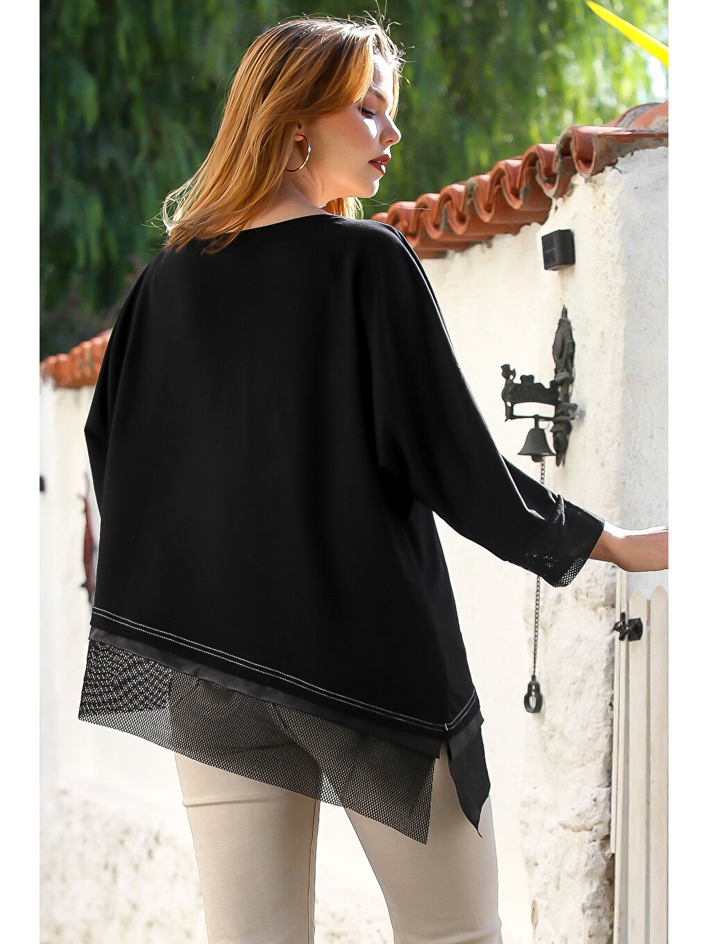 Siyah Kayık Yaka Uzun Kol Deri Garnili File Detaylı Casual Asimetrik Örme Bluz 75 70-1