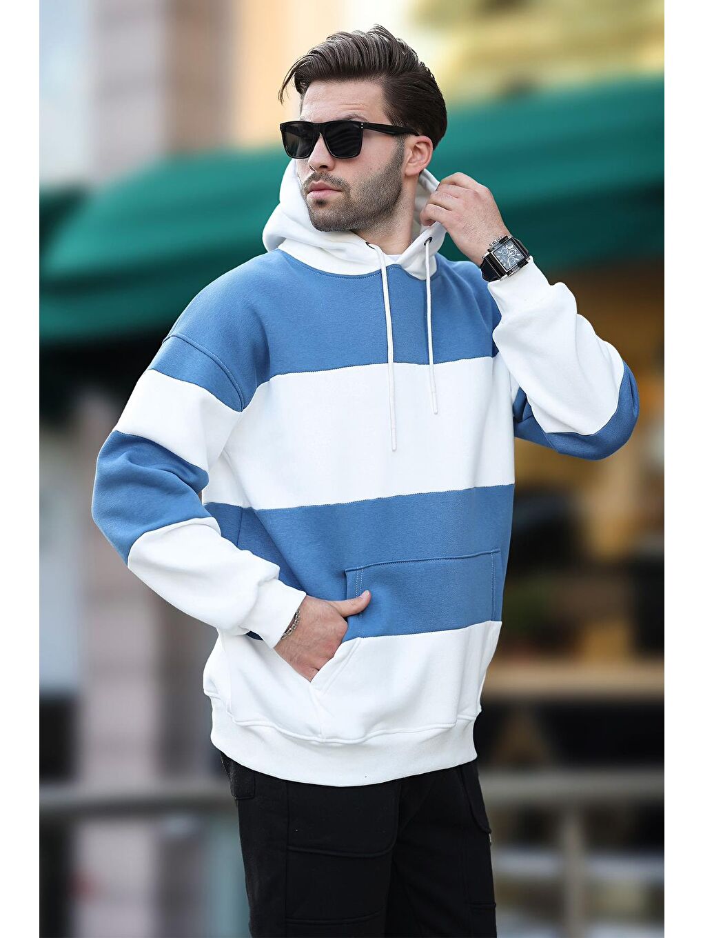 Ekru Kapüşonlu Renk Bloklu Cep Detaylı Erkek Sweatshirt 7044