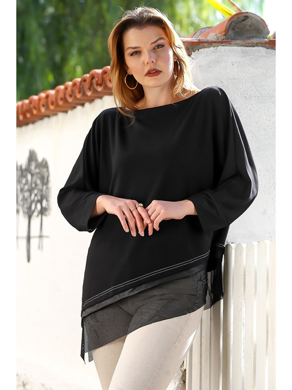 Siyah Kayık Yaka Uzun Kol Deri Garnili File Detaylı Casual Asimetrik Örme Bluz 75 70-2