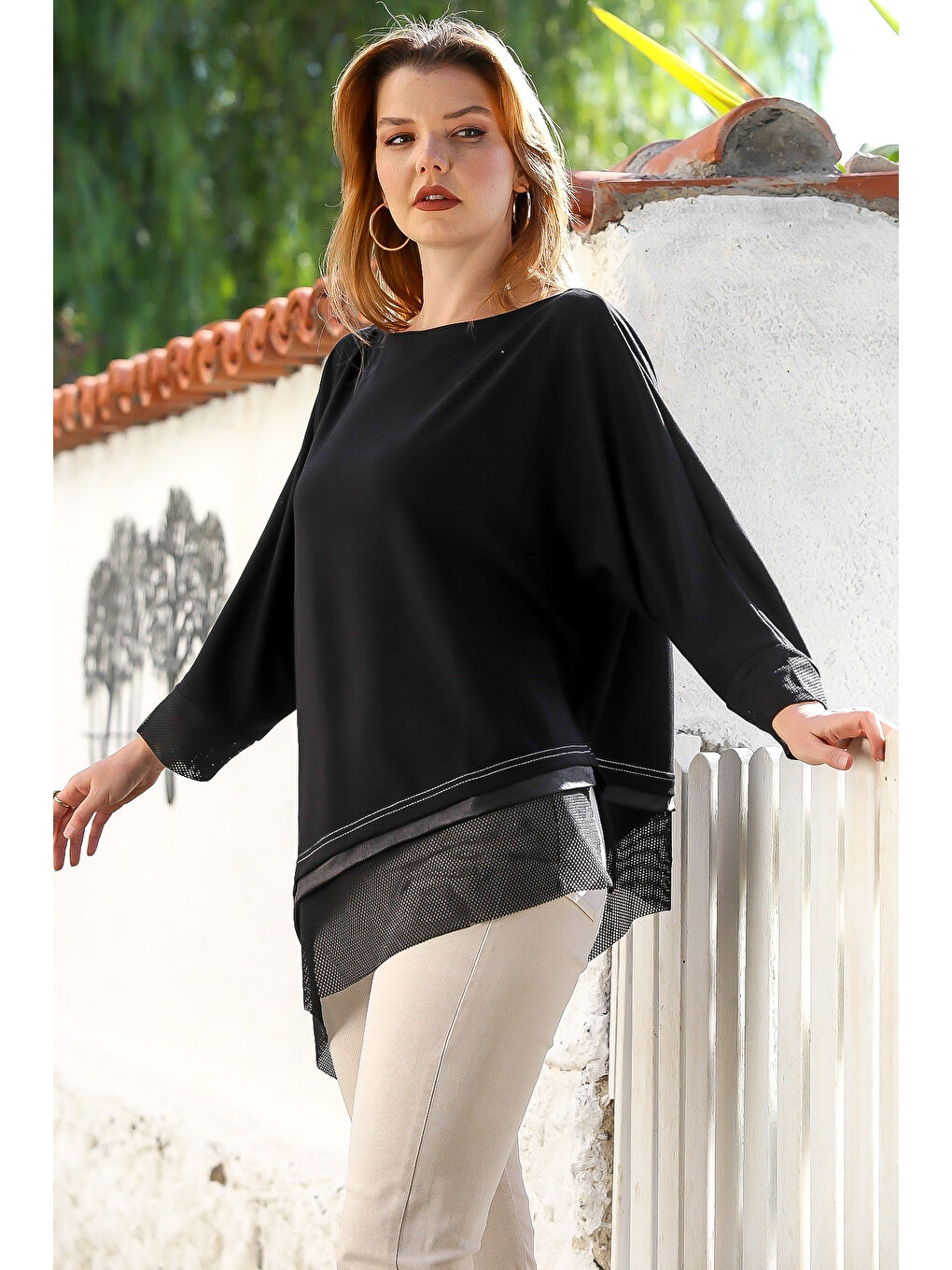 Siyah Kayık Yaka Uzun Kol Deri Garnili File Detaylı Casual Asimetrik Örme Bluz 75 70-4