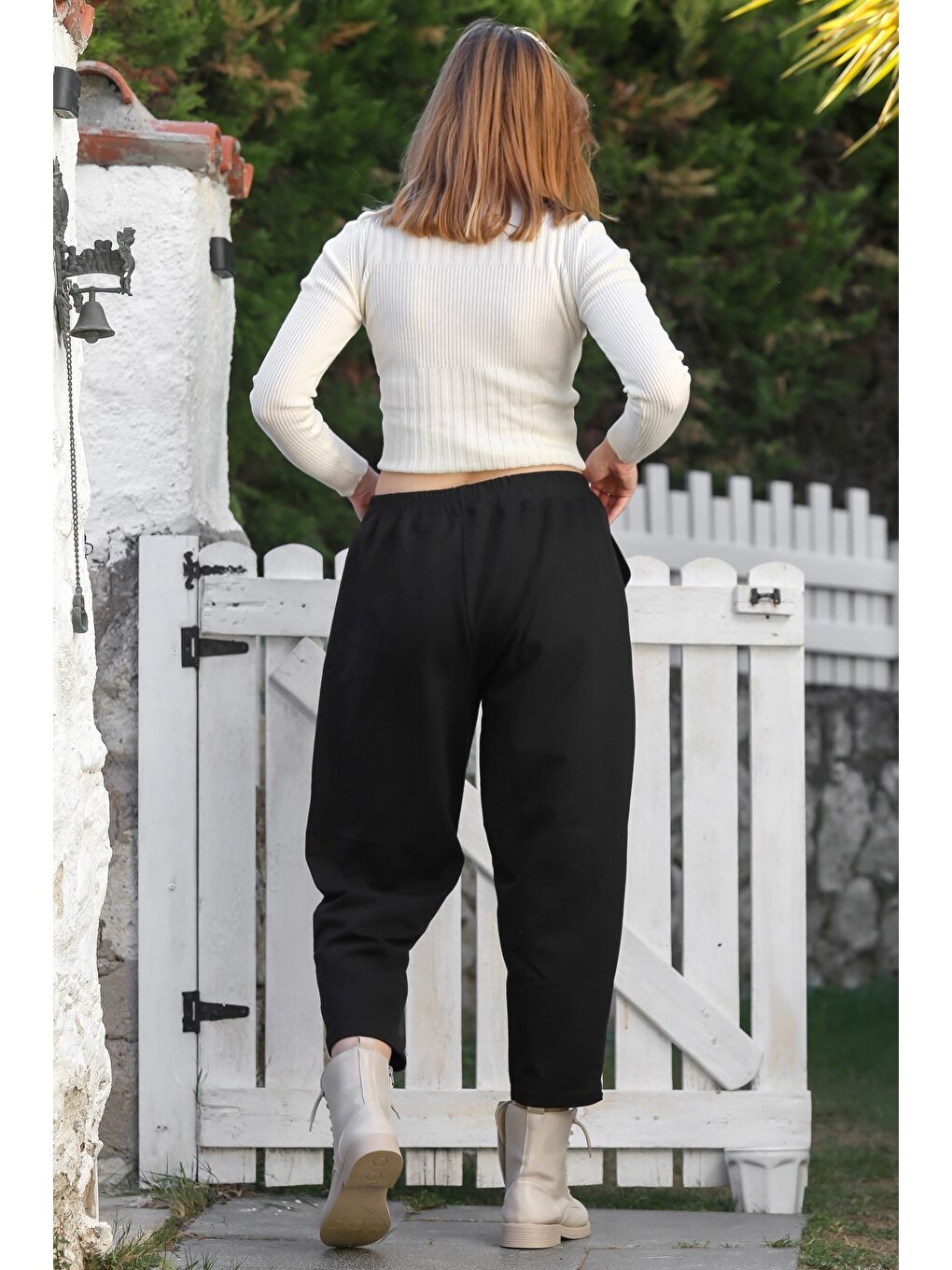 Siyah Cepli Lastikli Bel Düz Paça Casual Suni Deri Örme Pantolon 95 65-7