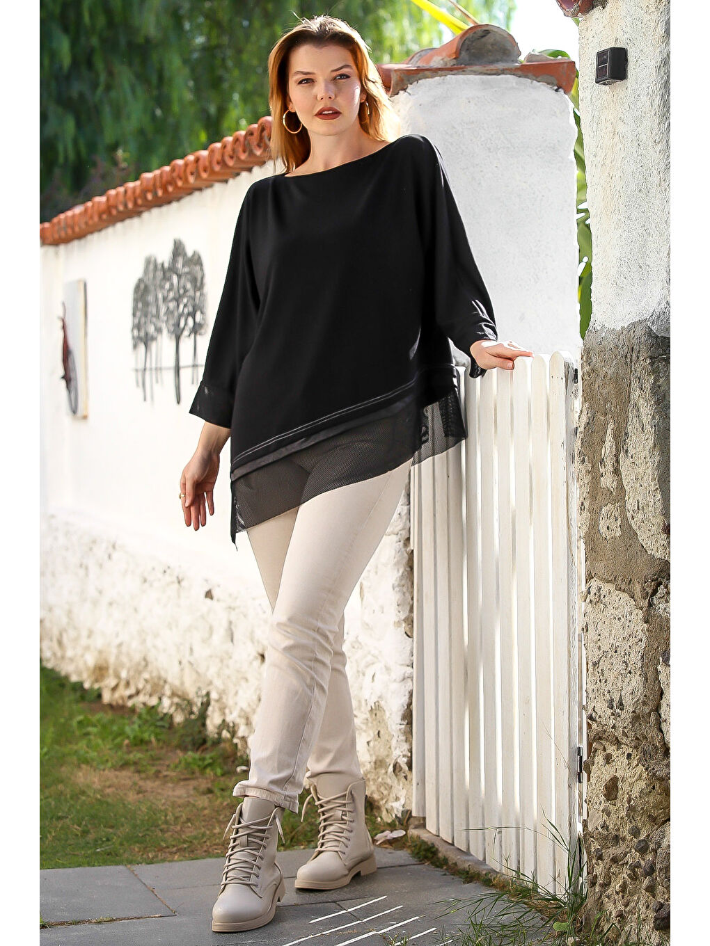 Siyah Kayık Yaka Uzun Kol Deri Garnili File Detaylı Casual Asimetrik Örme Bluz 75 70-5