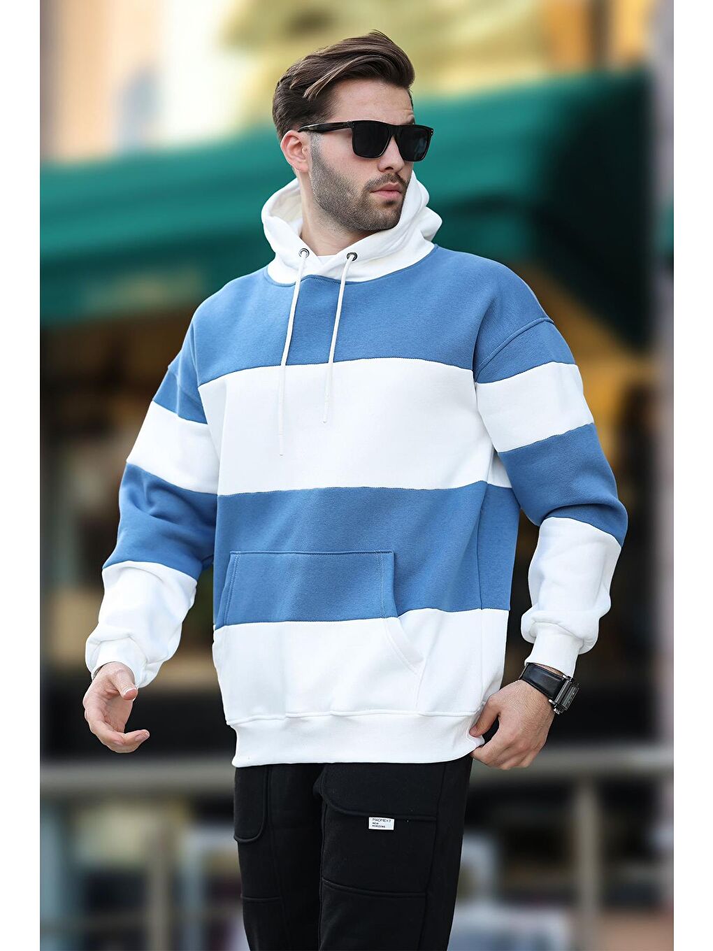 Ekru Kapüşonlu Renk Bloklu Cep Detaylı Erkek Sweatshirt 7044-1