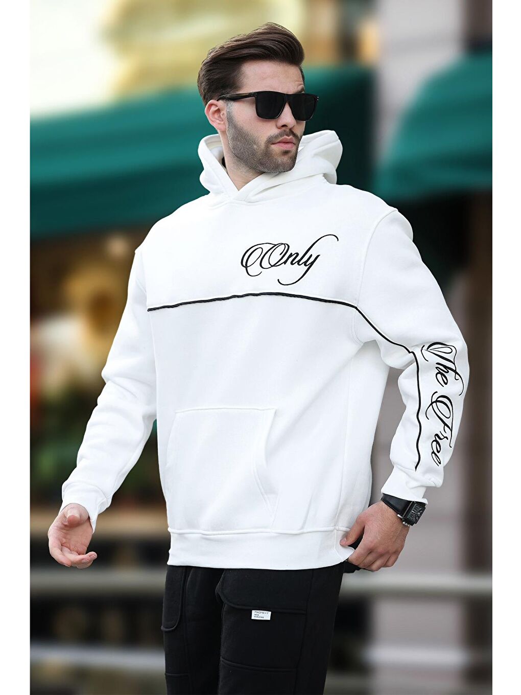 Ekru Kapüşonlu Şerit Detaylı Baskılı Erkek Sweatshirt 7091-1