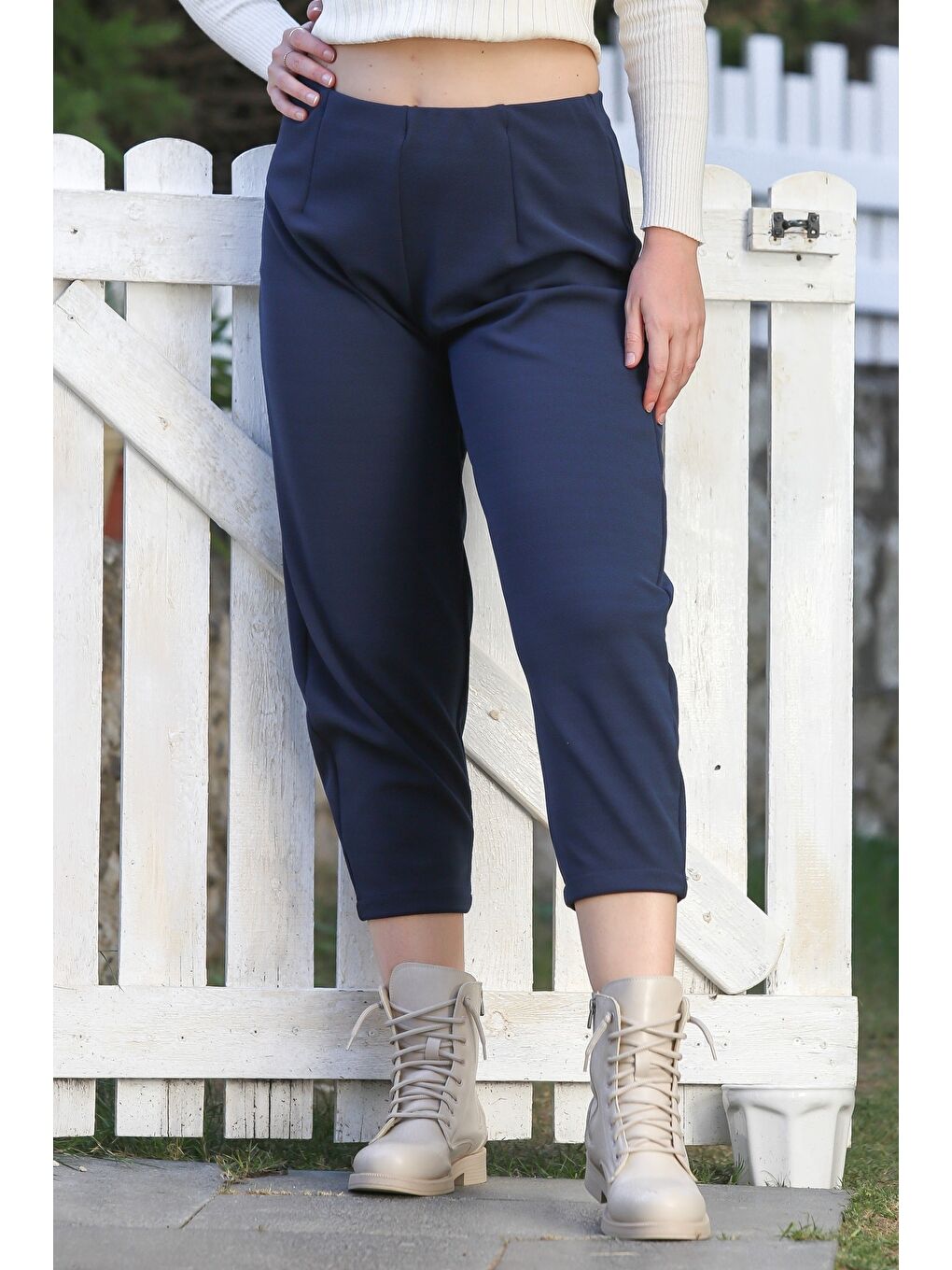 Lacivert Cepli Lastikli Bel Düz Paça Casual Jarse Örme Pantolon 90 65-3