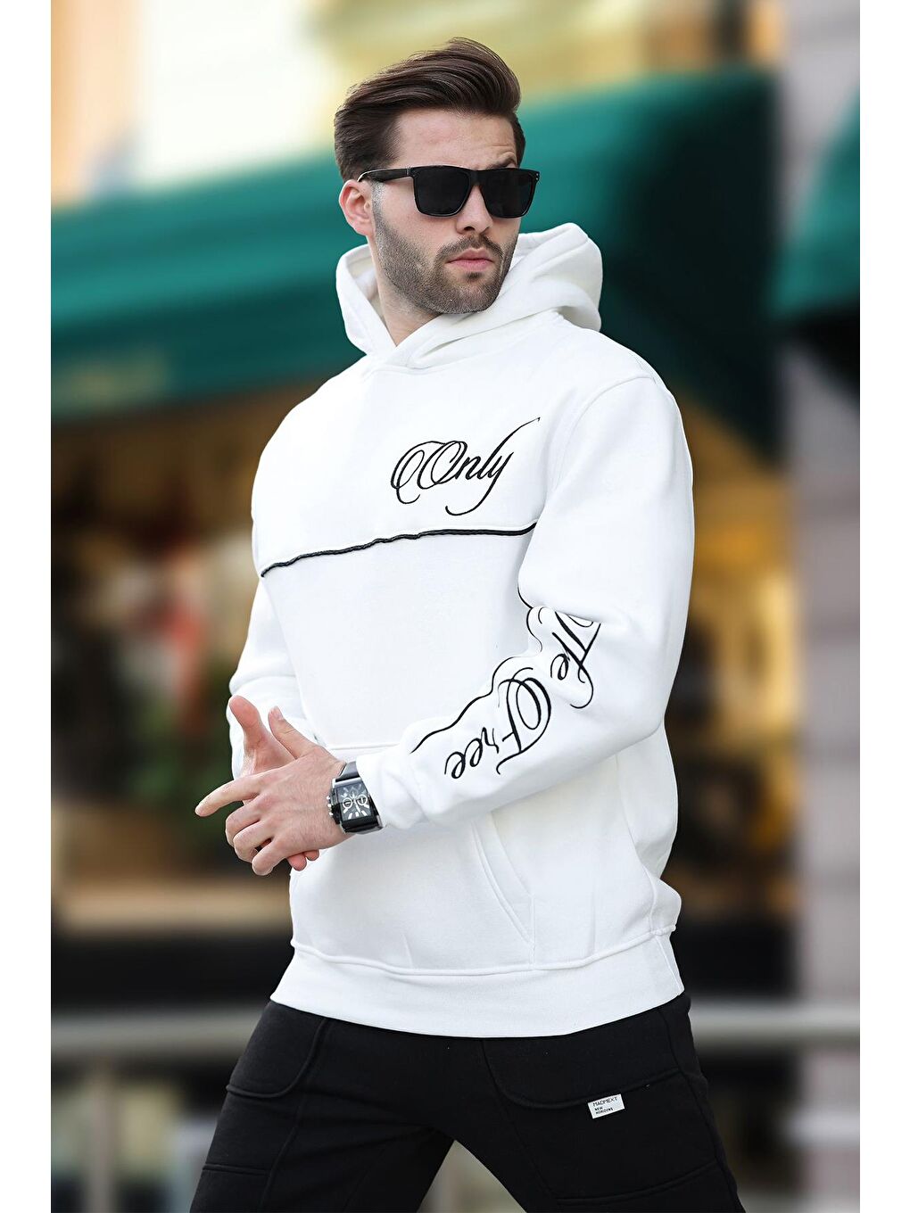 Ekru Kapüşonlu Şerit Detaylı Baskılı Erkek Sweatshirt 7091-2
