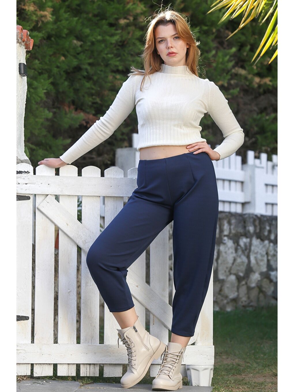 Lacivert Cepli Lastikli Bel Düz Paça Casual Jarse Örme Pantolon 90 65-4