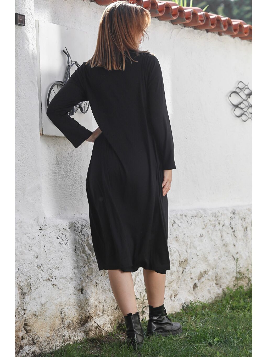 Siyah Havuz Yaka Uzun Kol File Detaylı Deri Garnili Casual Dokuma Elbise 115 60-7