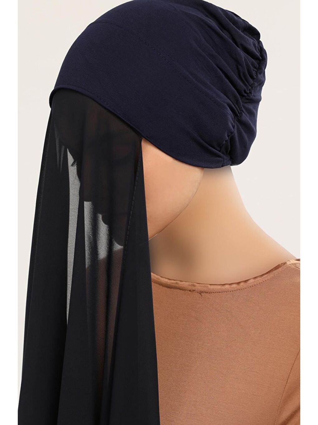 Lacivert Hazır Pratik Lüks Geçmeli Lastikli Boneli Şifon Şal-1