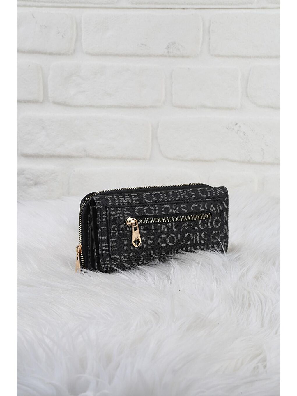 Siyah Yazı Baskılı Cüzdan/Para Çantası