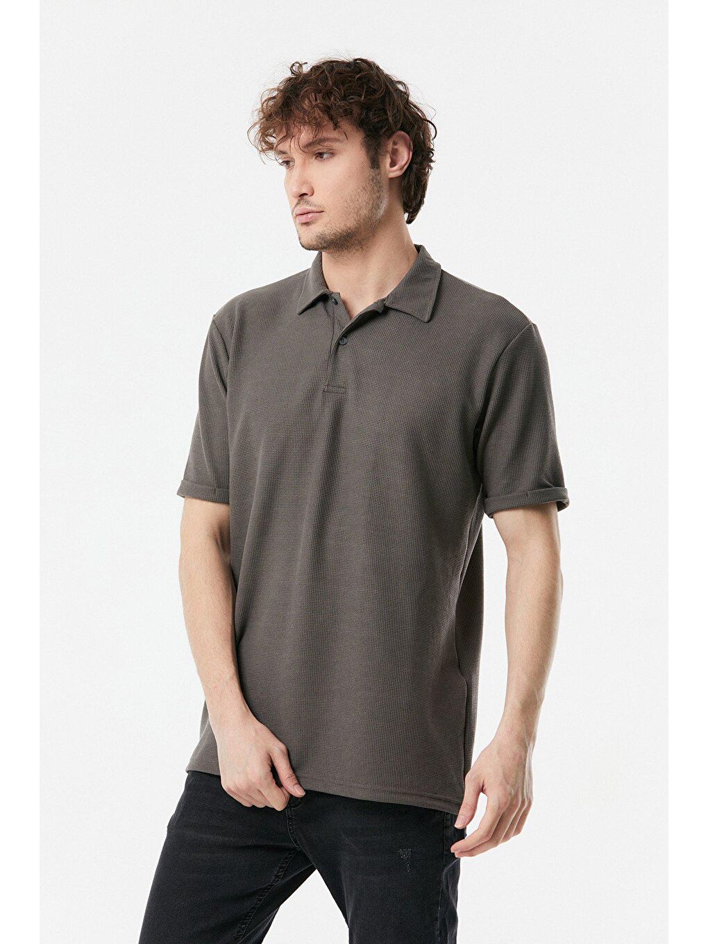 Antrasit Waffle Kumaş Polo Yaka Duble Kol Tişört