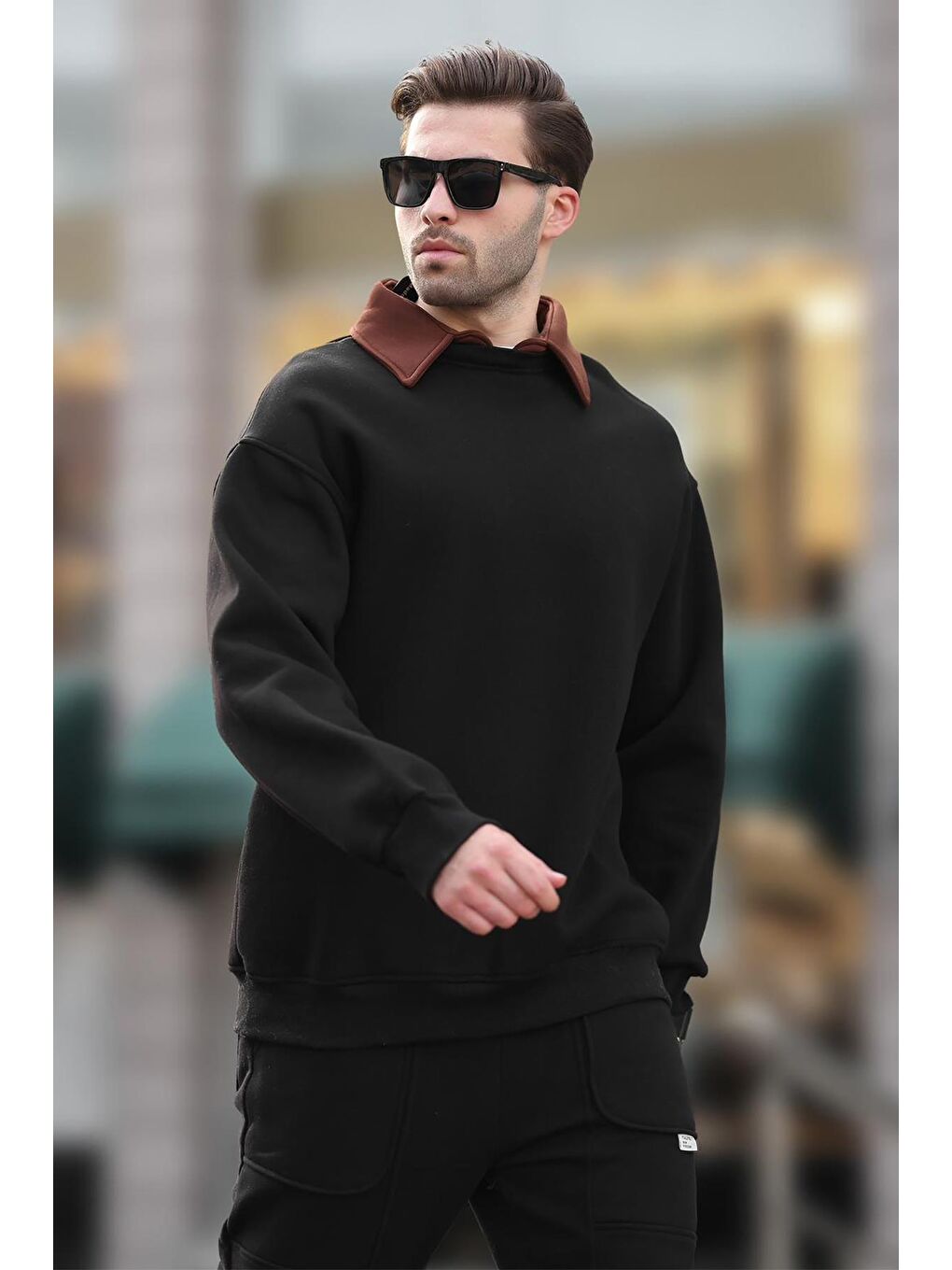 Siyah Polo Yaka Erkek Sweatshirt 7086-1