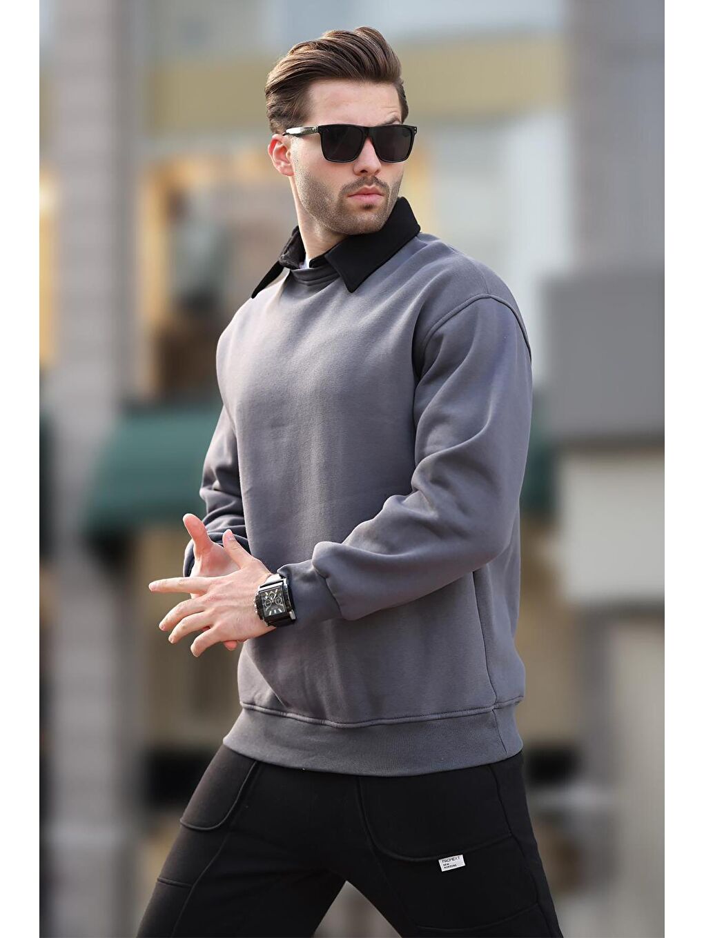 Gri Füme Polo Yaka Erkek Sweatshirt 7086