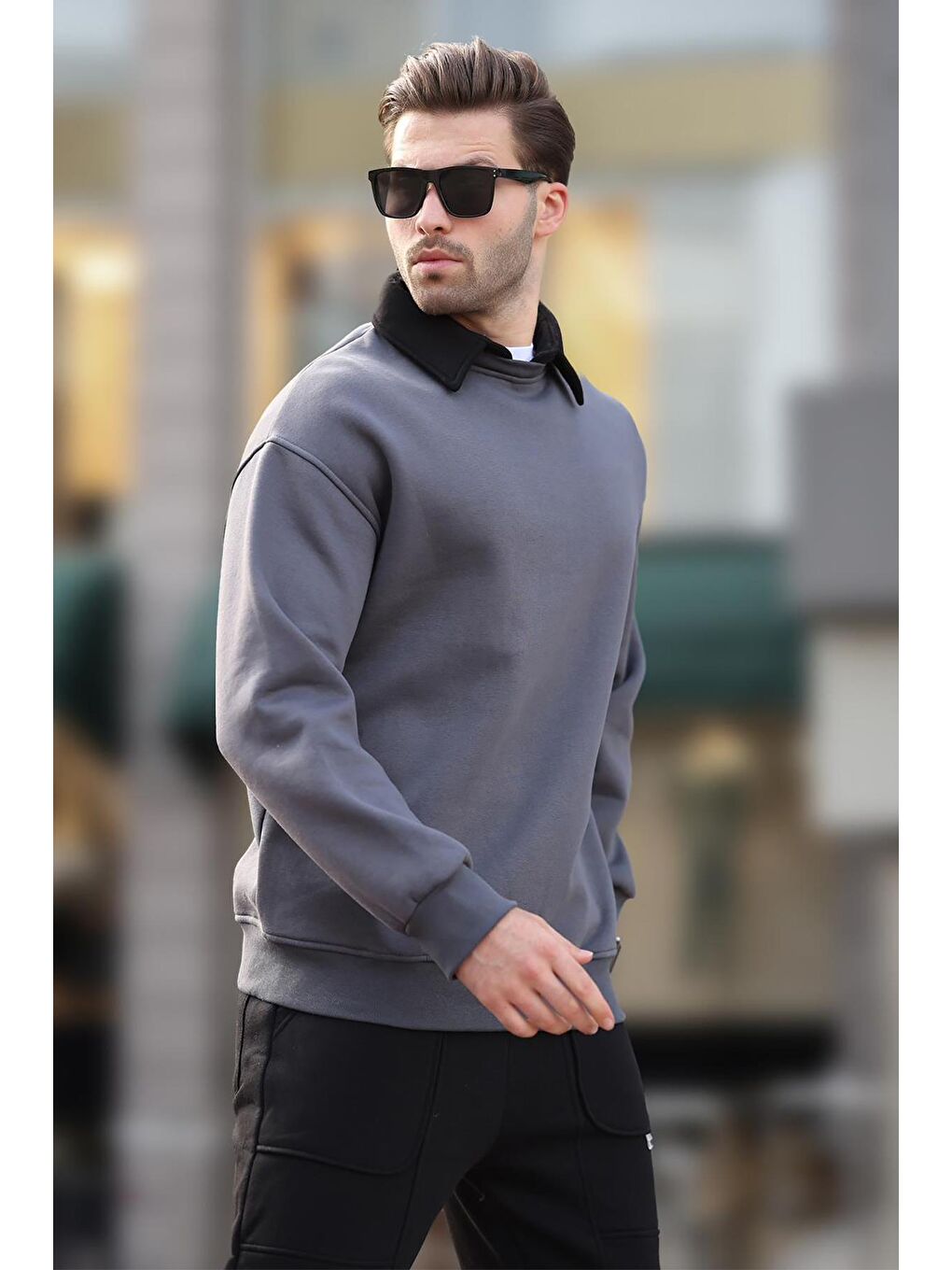 Gri Füme Polo Yaka Erkek Sweatshirt 7086-1