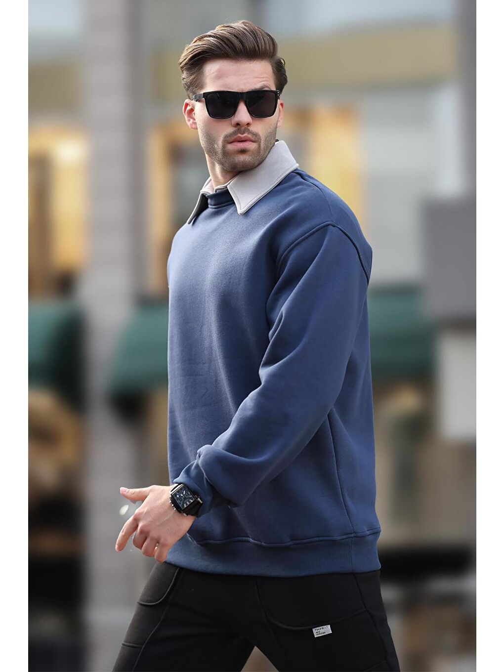 Lacivert Polo Yaka Erkek Sweatshirt 7086-1