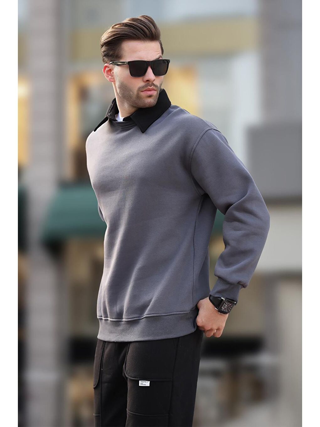 Gri Füme Polo Yaka Erkek Sweatshirt 7086-2