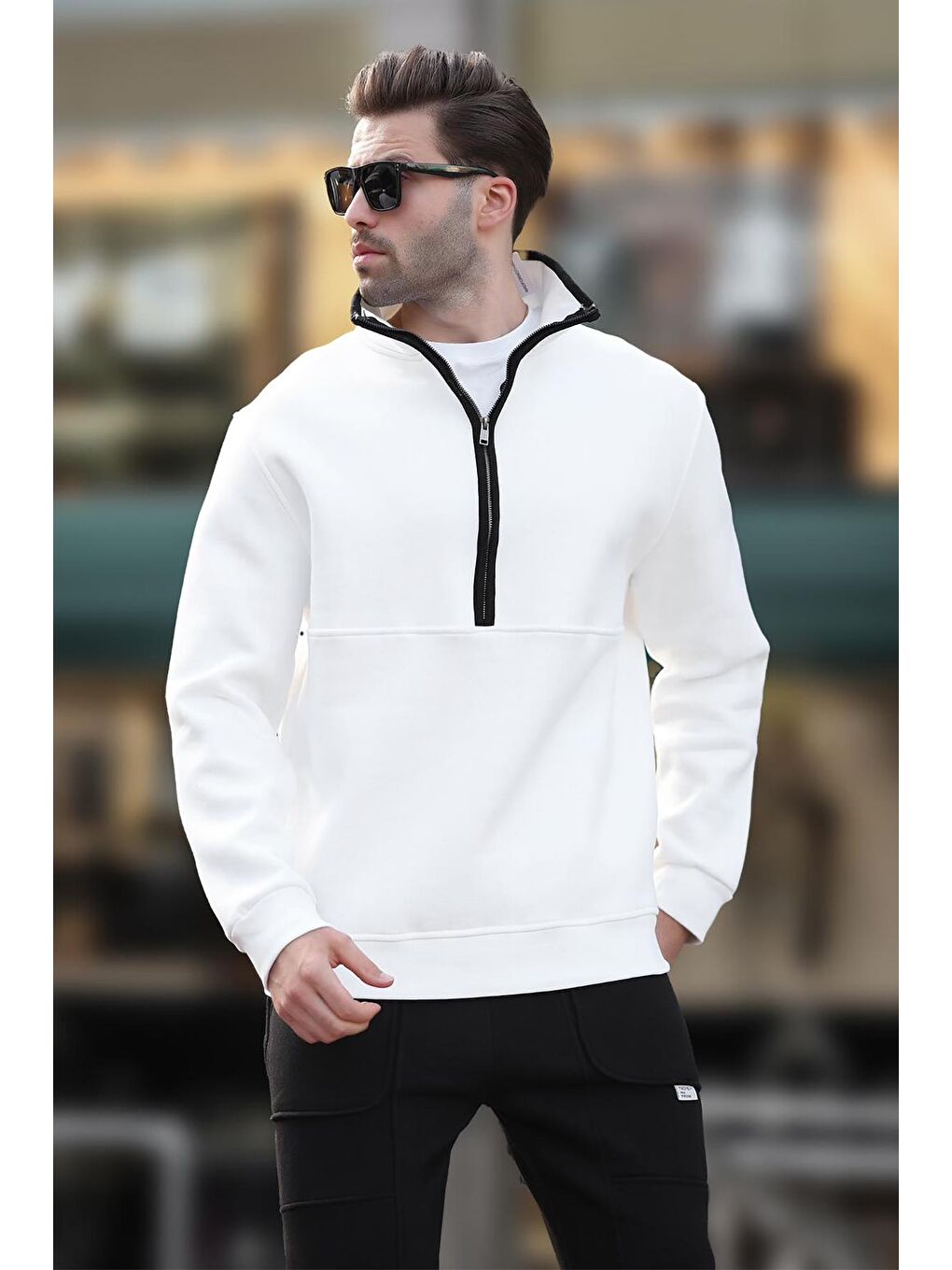 Ekru Dik Yaka Yarım Fermuarlı Sweatshirt 7079