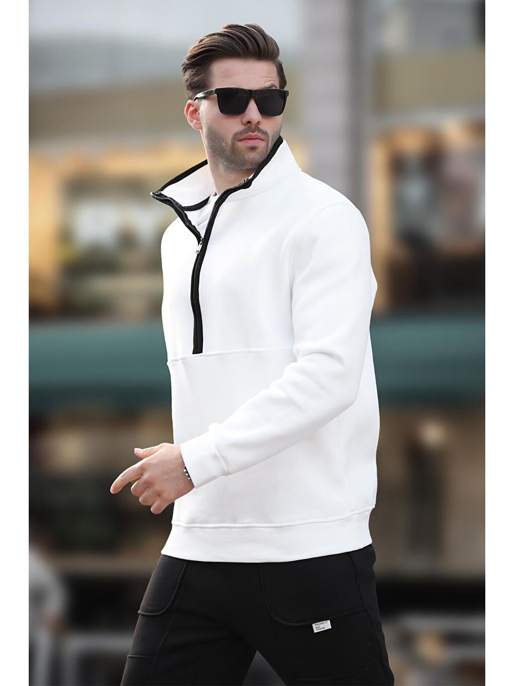 Ekru Dik Yaka Yarım Fermuarlı Sweatshirt 7079-1