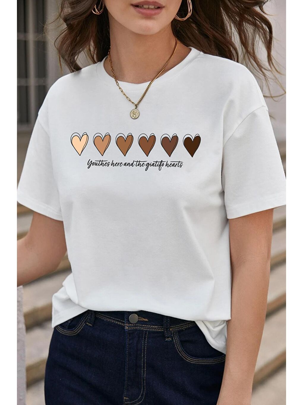 uyguntarz Beyaz Unisex Hearts Baskılı Tasarım Tshirt - 1