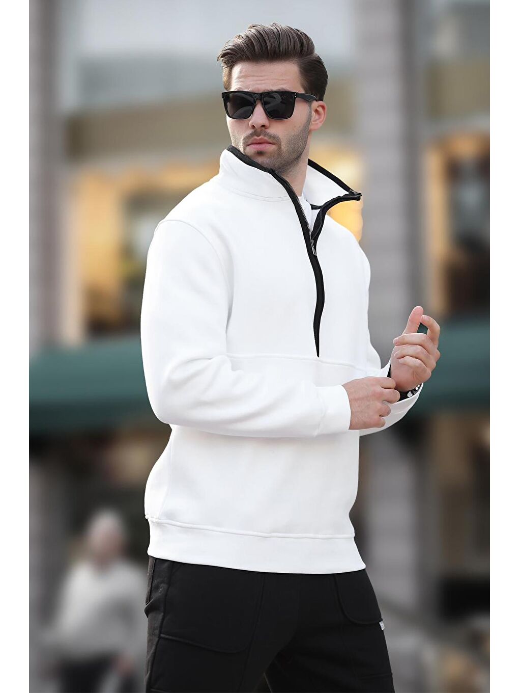 Ekru Dik Yaka Yarım Fermuarlı Sweatshirt 7079-2