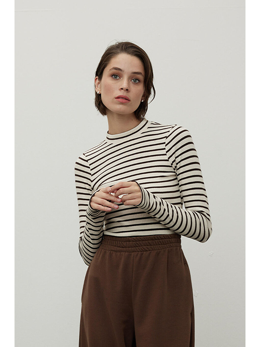 Parmak Geçirmeli Çizgili Body Kahverengi-1