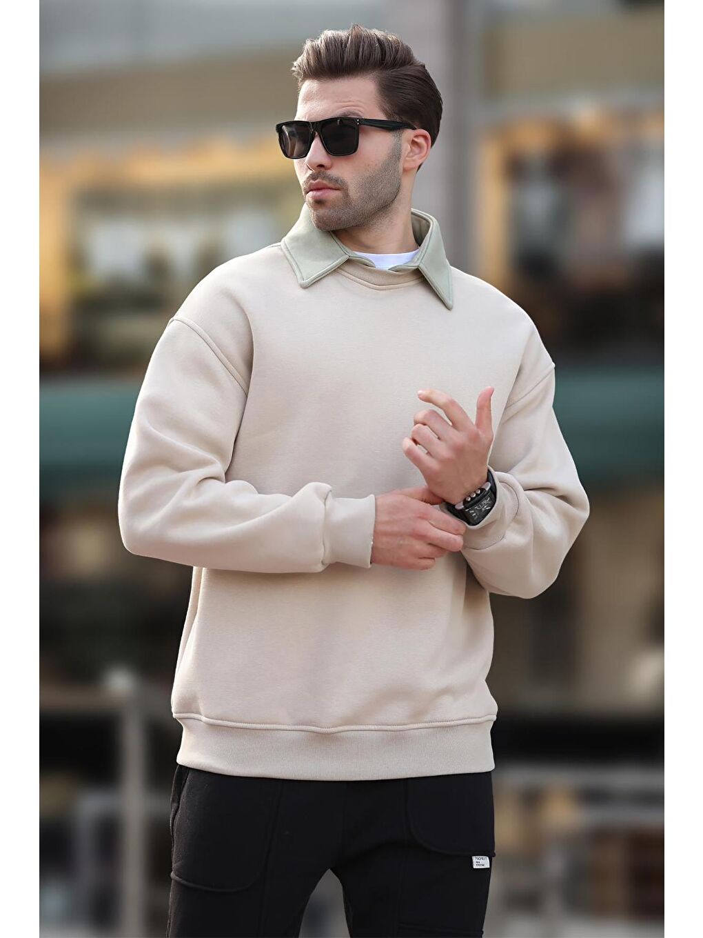 Bej Polo Yaka Erkek Sweatshirt 7086-1