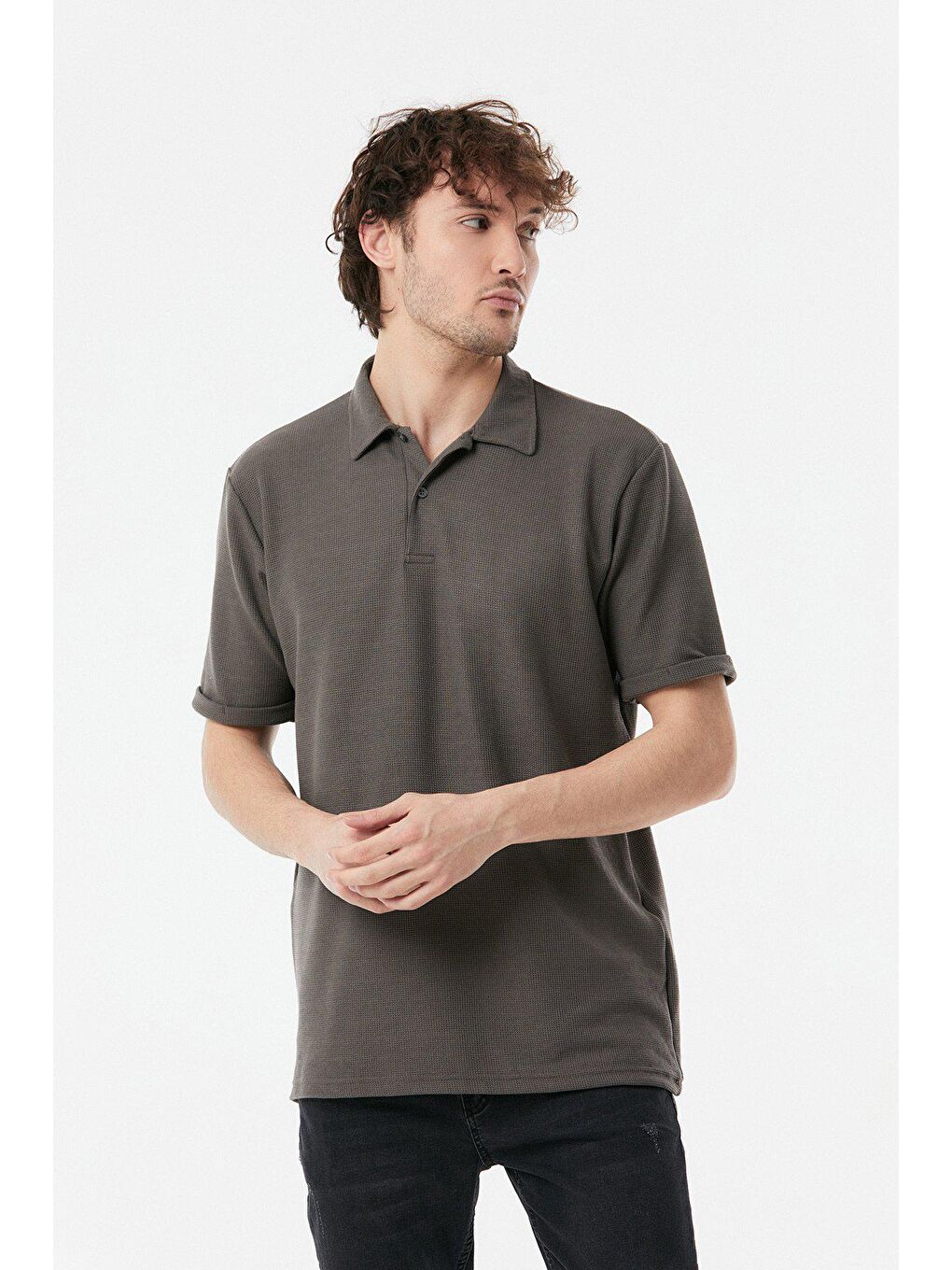 Antrasit Waffle Kumaş Polo Yaka Duble Kol Tişört-2