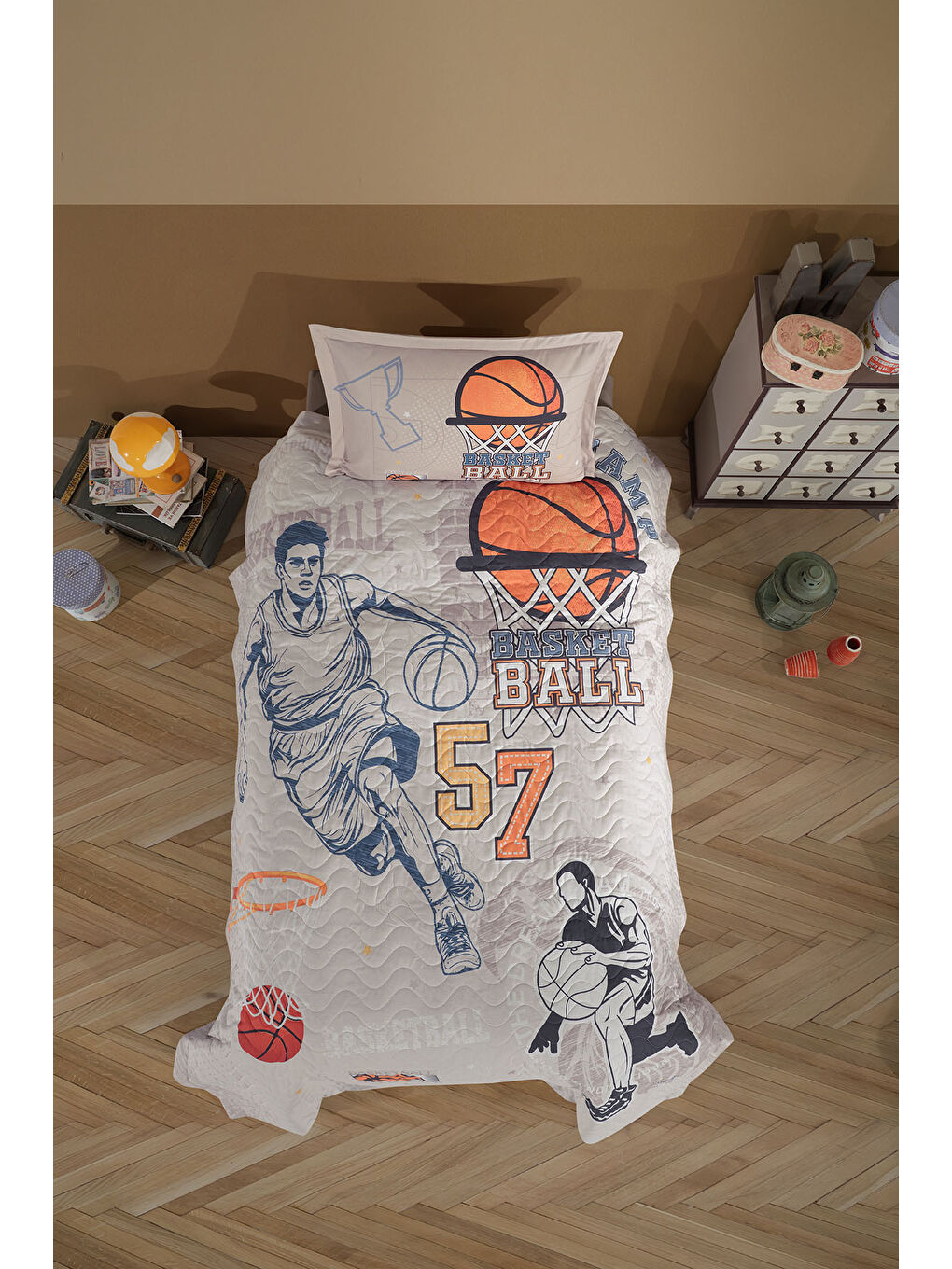 Bej %100 Pamuk Tek Kişilik Dört Mevsim Set Basketball