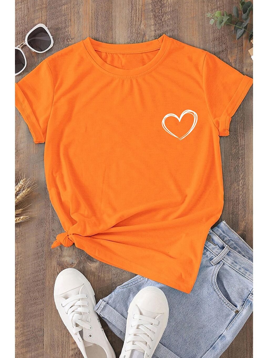 uyguntarz Turuncu Unisex Hearts Baskılı Tasarım Tshirt